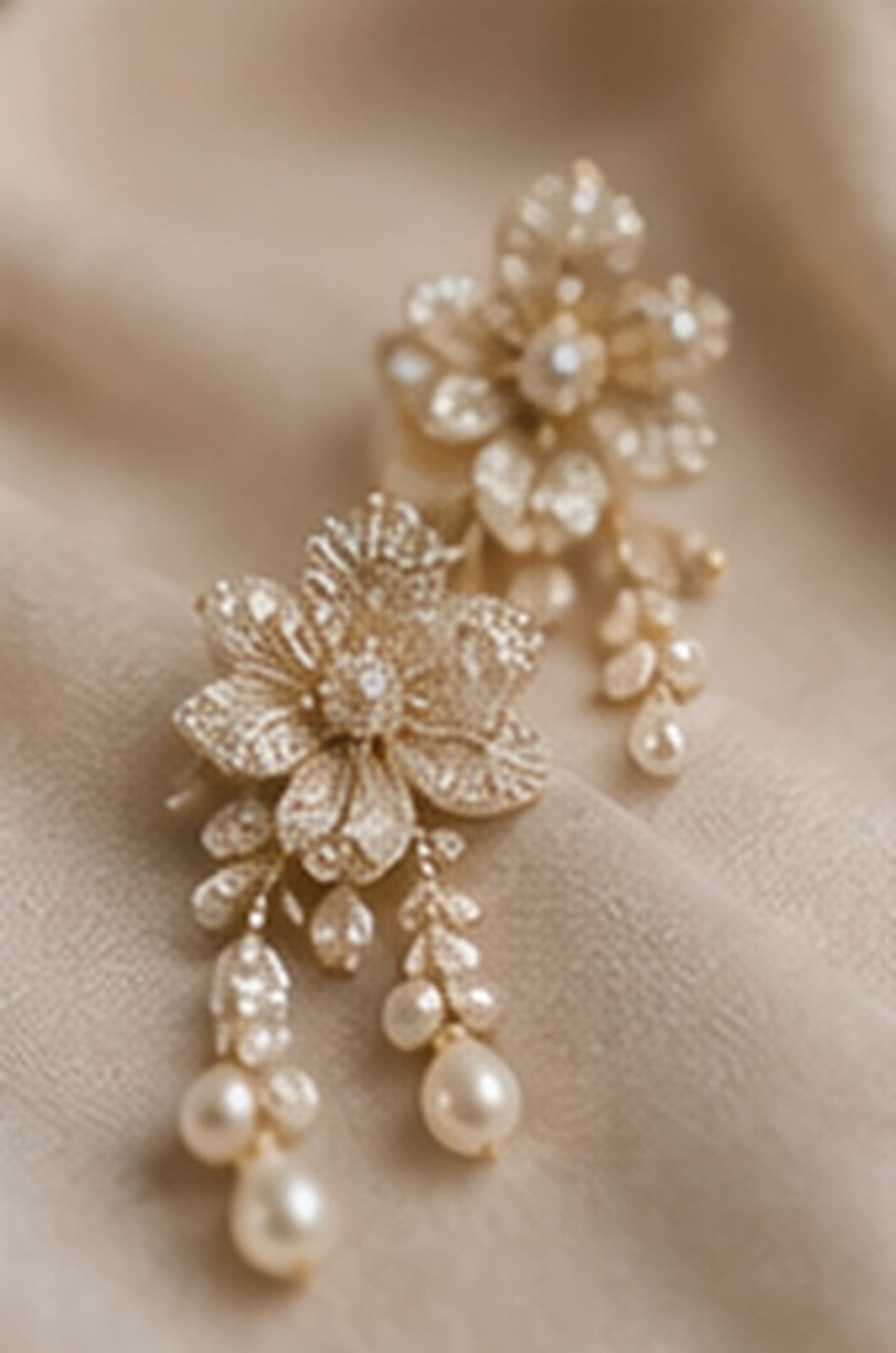 Étude d’ornements floraux et de perles sur textile clair.