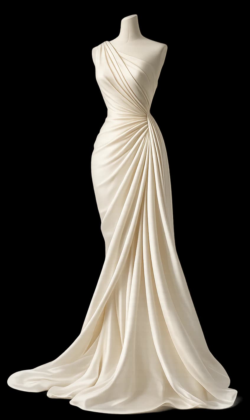 Robe sculpturale ivoire drapée, présentée comme une œuvre textile.