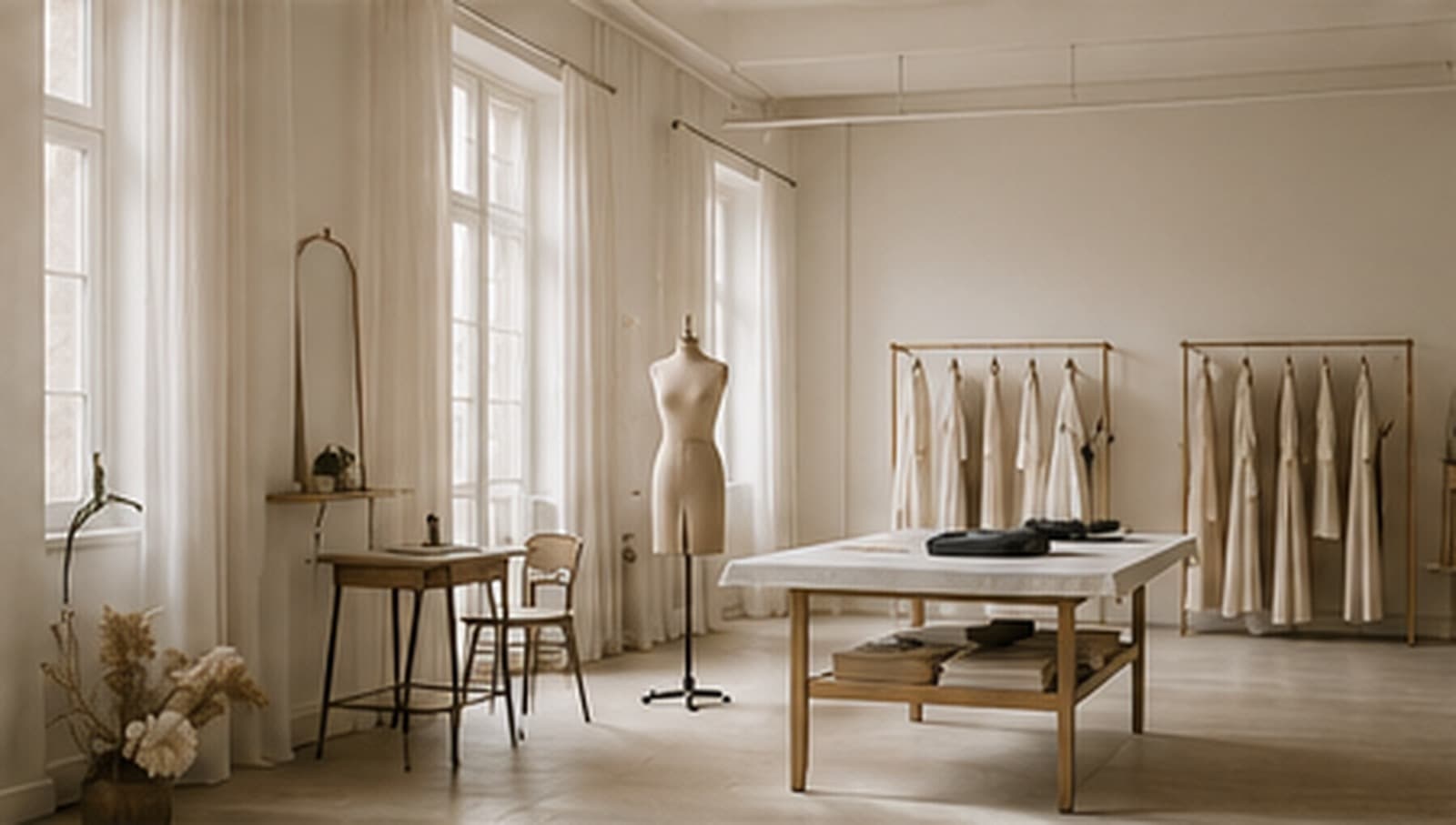 Ambiance conceptuelle d’un atelier de couture lumineux.