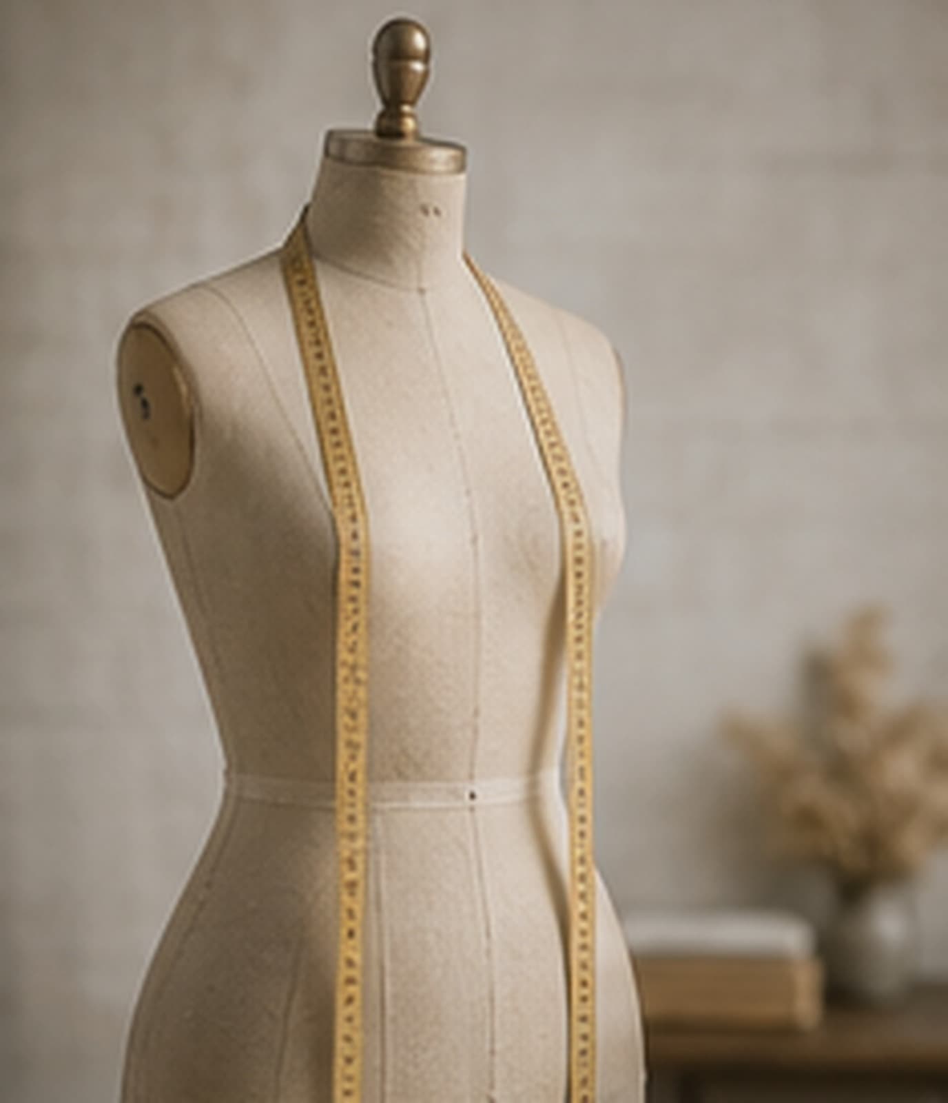 Mannequin de couture avec un mètre ruban dans un décor neutre.