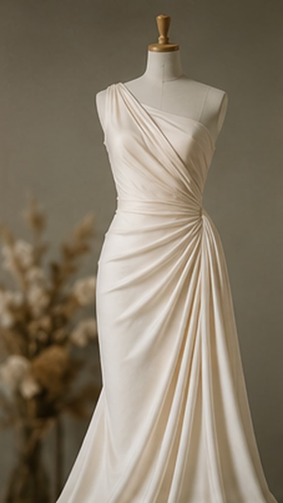 Étude visuelle d’un drapé ivoire sur mannequin de couture.