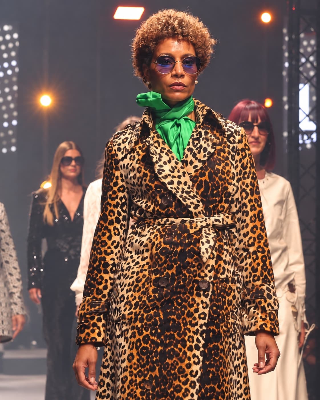 Mannequin en trench léopard et foulard vert sur le podium de la Lux Fashion Week.